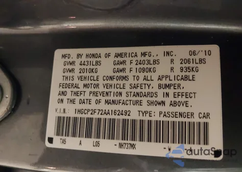 2010 Honda Accord 2.4 Ex from USA, damaged, VIN 1HGCP2F72AA162492